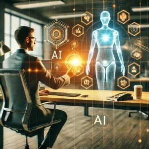 A-modern-office-setting-where-a-human-and-an-AI-are-working-together-harmoniously.-The-human-is-at-a-desk-confidently-interacting-with-AI-tools-displ.